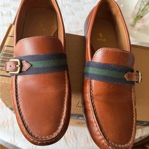 Polo by Ralph Lauren Men's Tan Leather Loafers with Green and Black Strap